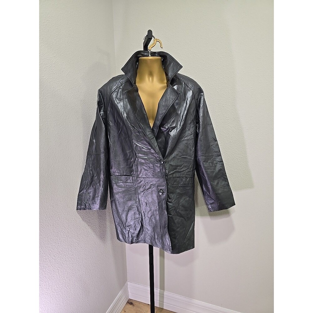 Leather Coat Mens XL Metallic Dark Gray Pockets Cyber Rocker Edgy Hipster Grunge